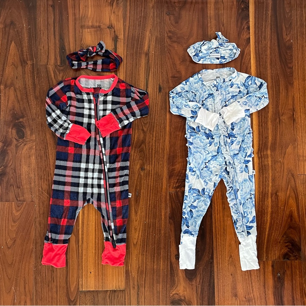 Bums & Roses bamboo rompers / convertible footie sz 6-9 months baby girl bundle